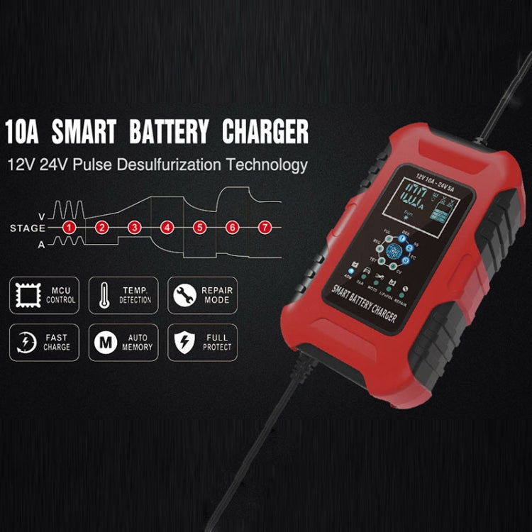 FOXSUR 10A 12V 7-segment Motorcycle / Car Smart Battery Charger, Plug Type:UK Plug(Red) Eurekaonline