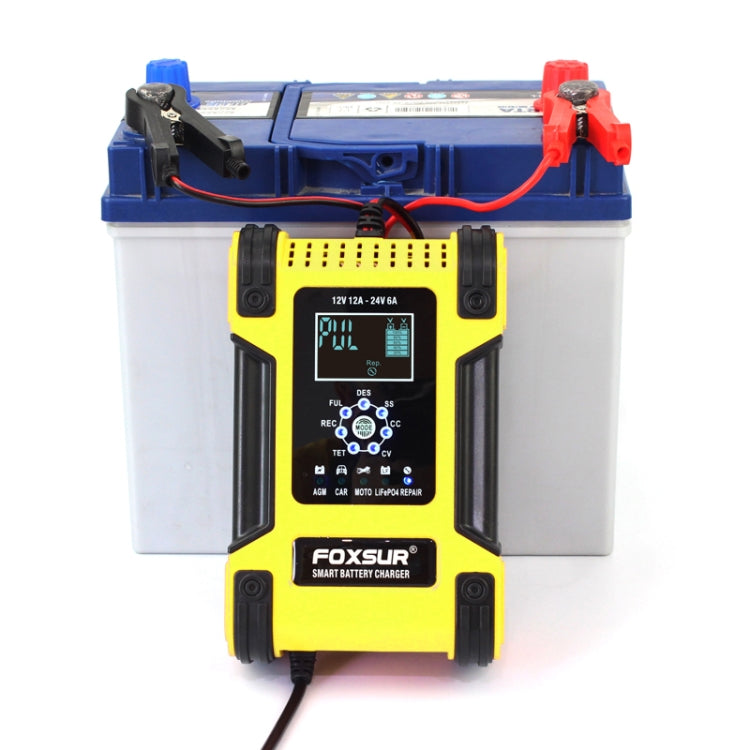 FOXSUR 12A / 12V / 24V Car / Motorcycle 7-stage Lead-acid Battery AGM Charger, Plug Type:EU Plug(Yellow) Eurekaonline