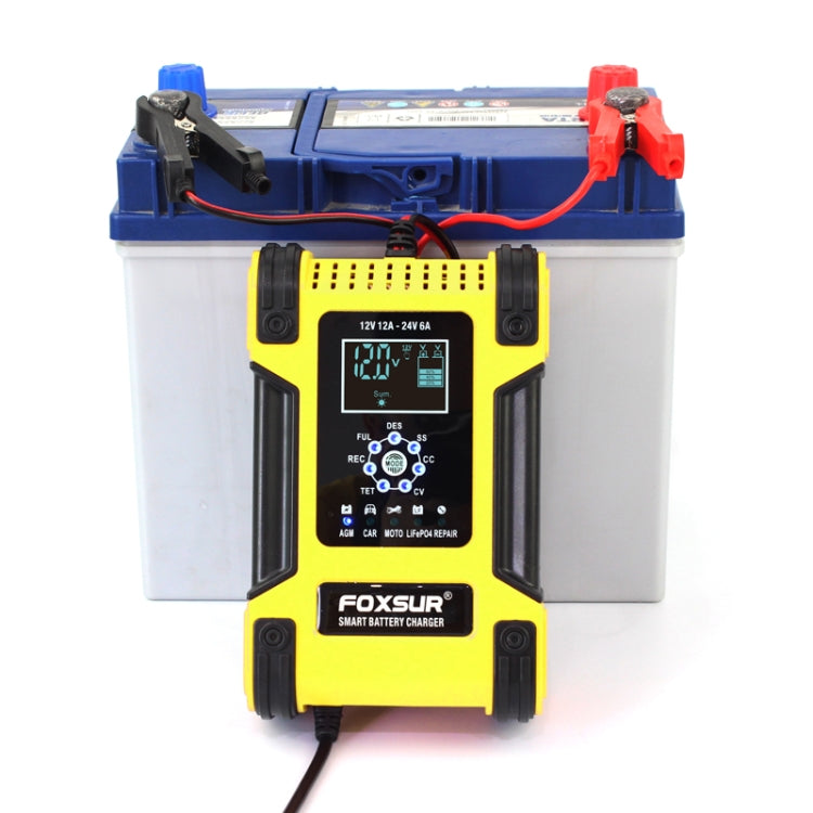 FOXSUR 12A / 12V / 24V Car / Motorcycle 7-stage Lead-acid Battery AGM Charger, Plug Type:EU Plug(Yellow) Eurekaonline