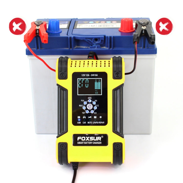 FOXSUR 12A / 12V / 24V Car / Motorcycle 7-stage Lead-acid Battery AGM Charger, Plug Type:JP Plug(Yellow) Eurekaonline