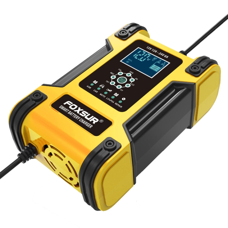 FOXSUR 12A / 12V / 24V Car / Motorcycle 7-stage Lead-acid Battery AGM Charger, Plug Type:JP Plug(Yellow) Eurekaonline