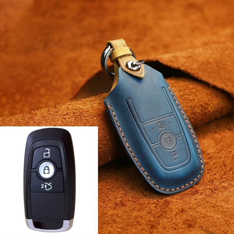 For Ford Car Cowhide Leather Key Protective Cover Key Case, Three Keys Version (Blue) Eurekaonline