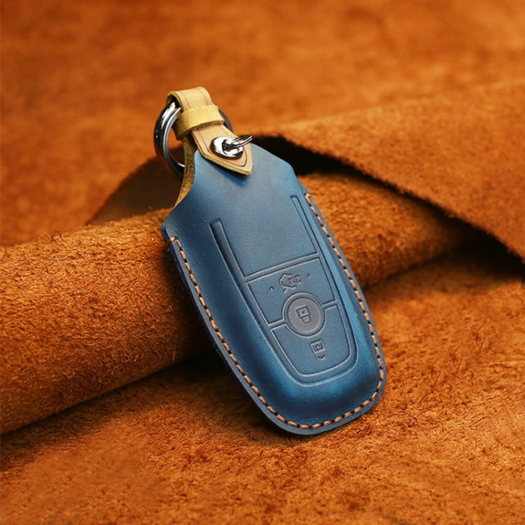 For Ford Car Cowhide Leather Key Protective Cover Key Case, Three Keys Version (Blue) Eurekaonline