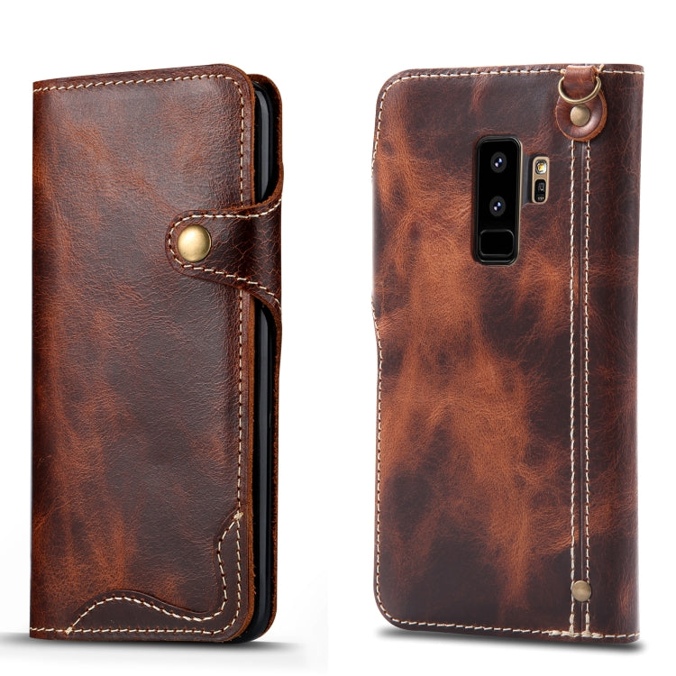 For Galaxy S9 Plus Denior Oil Wax Cowhide Magnetic Button Horizontal Flip Leather Case with Card Slots & Wallet(Brown) Eurekaonline