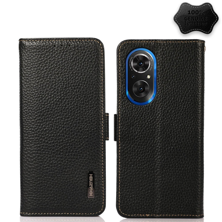 For Honor 50 SE KHAZNEH Side-Magnetic Litchi Genuine Leather RFID Phone Case(Black) Eurekaonline