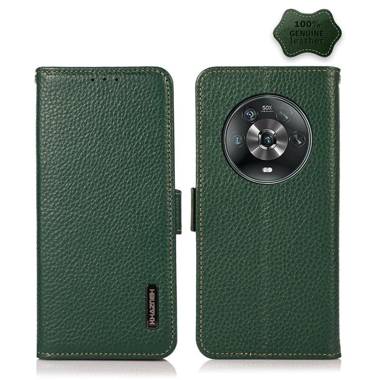 For Honor Magic 4 KHAZNEH Side-Magnetic Litchi Genuine Leather RFID Phone Case(Green) Eurekaonline