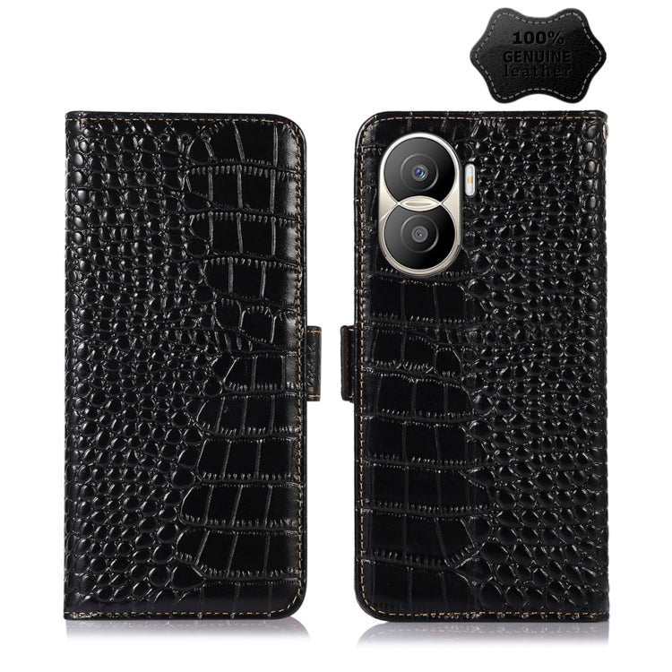 For Honor X40i Crocodile Top Layer Cowhide Leather Phone Case(Black) Eurekaonline
