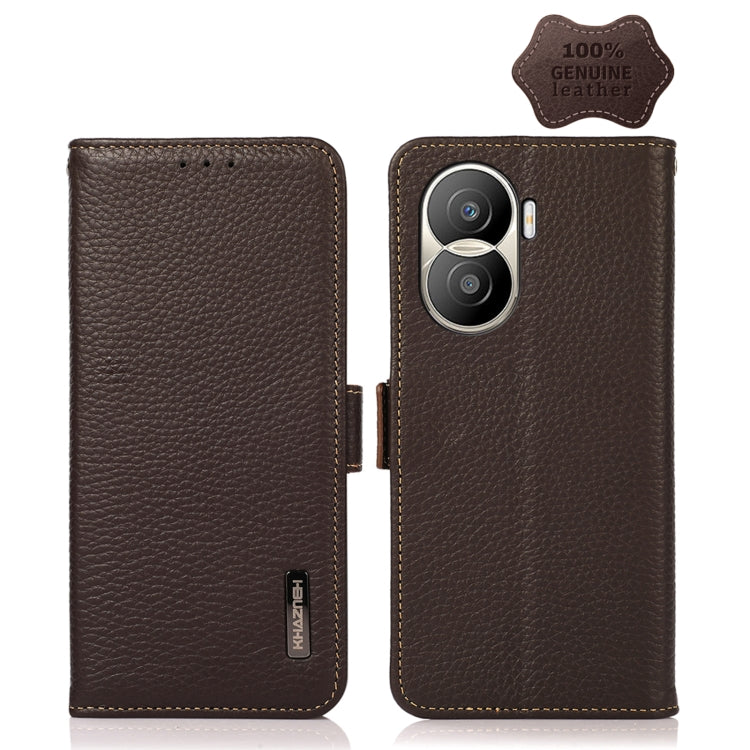 For Honor X40i KHAZNEH Side-Magnetic Litchi Texture Genuine Leather RFID Phone Case(Brown) Eurekaonline