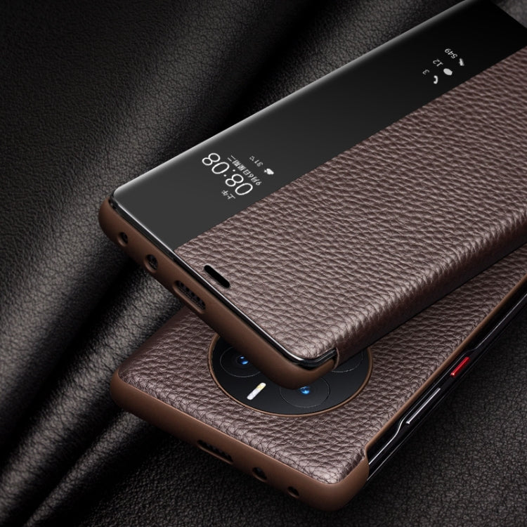 For Huawei Mate 50 Pro QIALINO Genuine Leather Side Window View Smart Phone Case(Brown) Eurekaonline