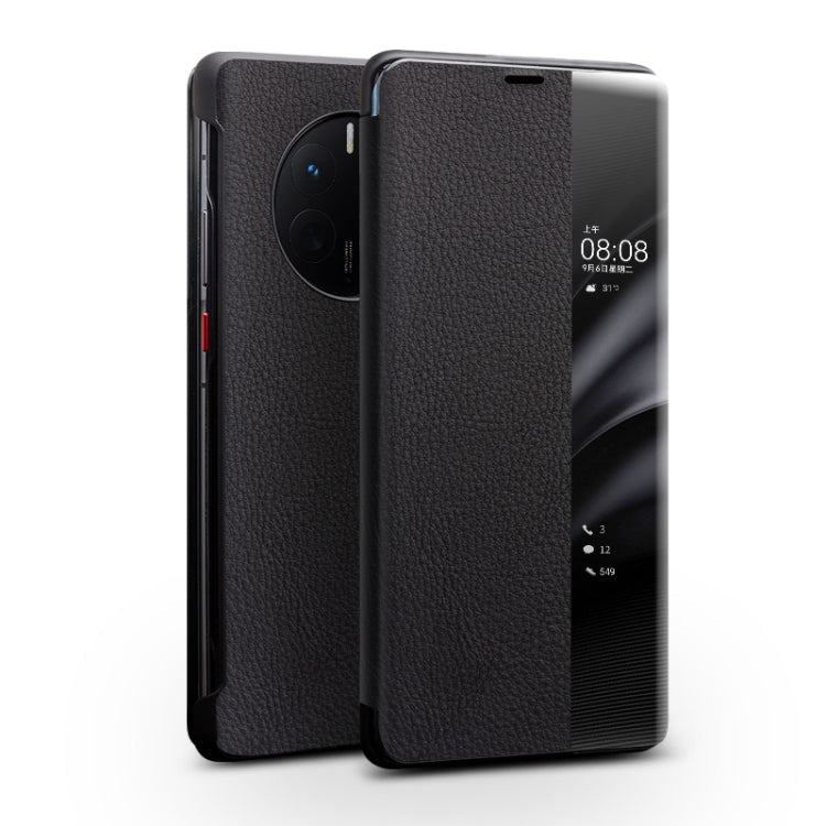 For Huawei Mate 50 QIALINO Genuine Leather Side Window View Smart Phone Case(Black) Eurekaonline