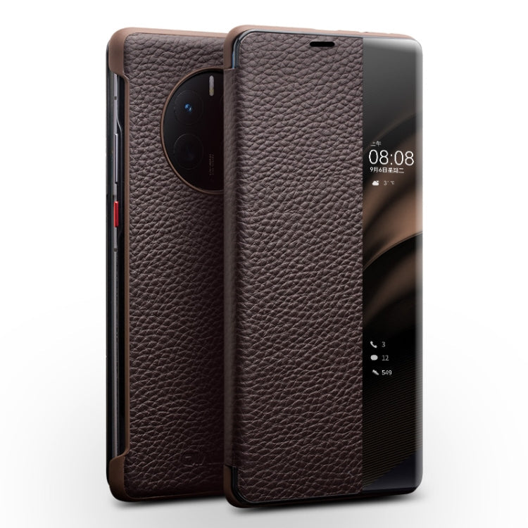 For Huawei Mate 50 QIALINO Genuine Leather Side Window View Smart Phone Case(Brown) Eurekaonline