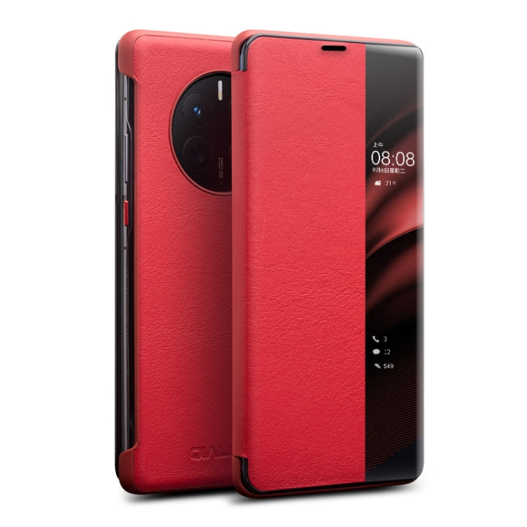 For Huawei Mate 50 QIALINO Genuine Leather Side Window View Smart Phone Case(Red) Eurekaonline