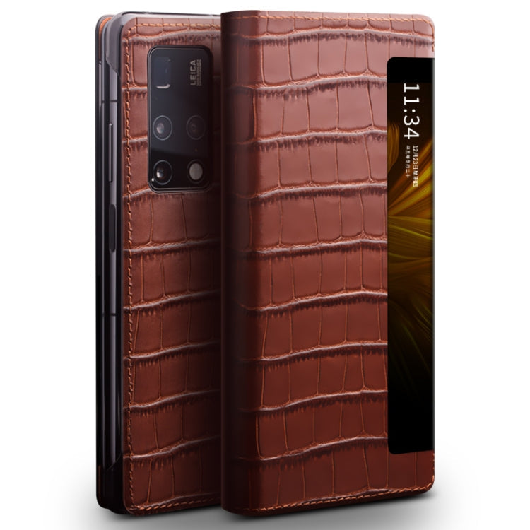 For Huawei Mate X2 QIALINO Crocodile Pattern Side Window View Genuine Leather Phone Case(Brown) Eurekaonline