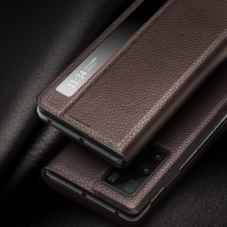 For Huawei Mate X2 QIALINO Genuine Leather Side Window View Smart Phone Case(Brown) Eurekaonline