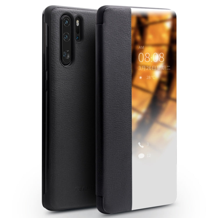 For Huawei P30 Pro QIALINO Genuine Leather Side Window View Smart Phone Case(Black) Eurekaonline