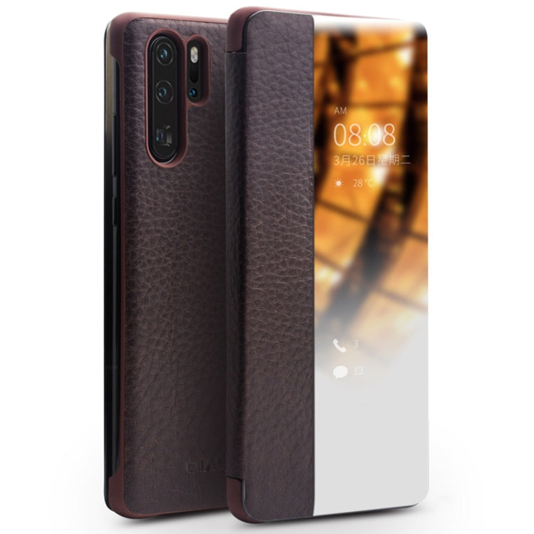 For Huawei P30 Pro QIALINO Genuine Leather Side Window View Smart Phone Case(Brown) Eurekaonline