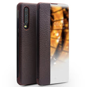 For Huawei P30 QIALINO Genuine Leather Side Window View Smart Phone Case(Brown) Eurekaonline