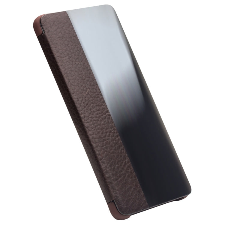 For Huawei P30 QIALINO Genuine Leather Side Window View Smart Phone Case(Brown) Eurekaonline