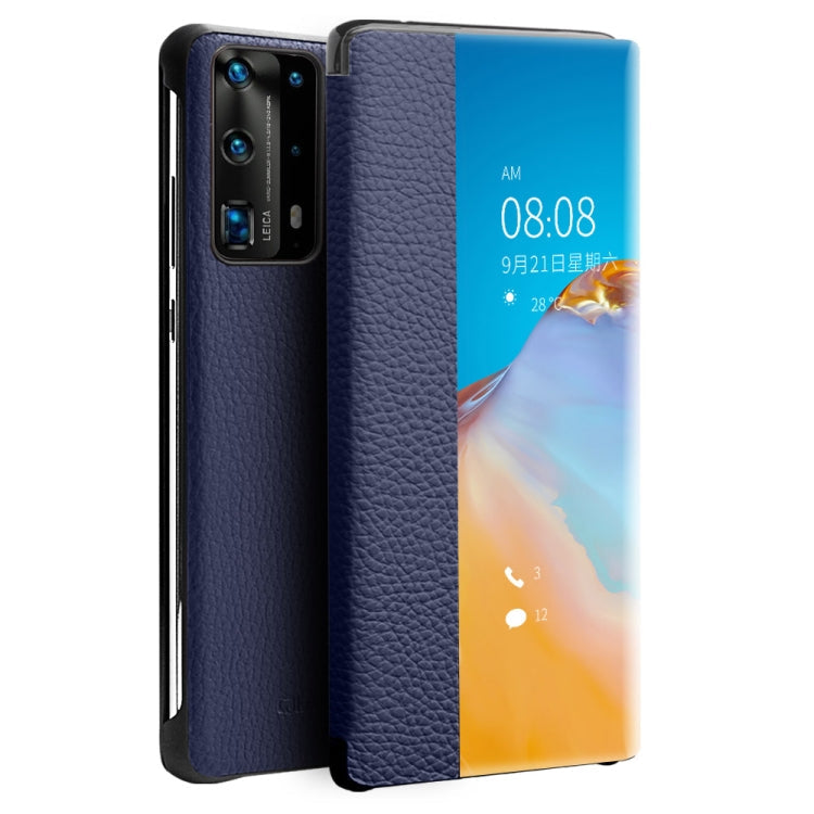For Huawei P40 QIALINO Litchi Texture Side Window View Leather Phone Case(Blue) Eurekaonline
