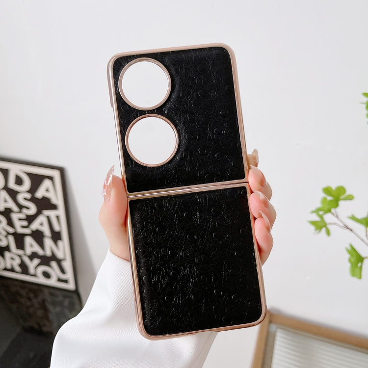 For Huawei P50 Pocket Genuine Leather Ostrich Texture Nano Plating Phone Case(Black) Eurekaonline