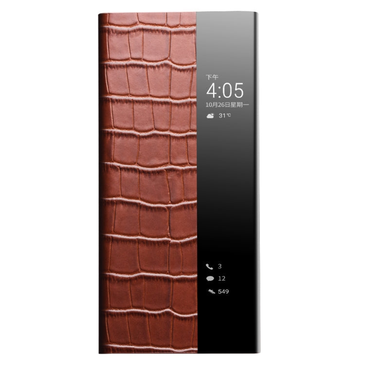 For Huawei P50 Pro QIALINO Crocodile Pattern Side Window View Genuine Leather Phone Case(Brown) Eurekaonline
