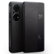 For Huawei P50 Pro QIALINO Genuine Leather Side Window View Smart Phone Case(Black) Eurekaonline