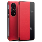 For Huawei P50 Pro QIALINO Genuine Leather Side Window View Smart Phone Case(Red) Eurekaonline