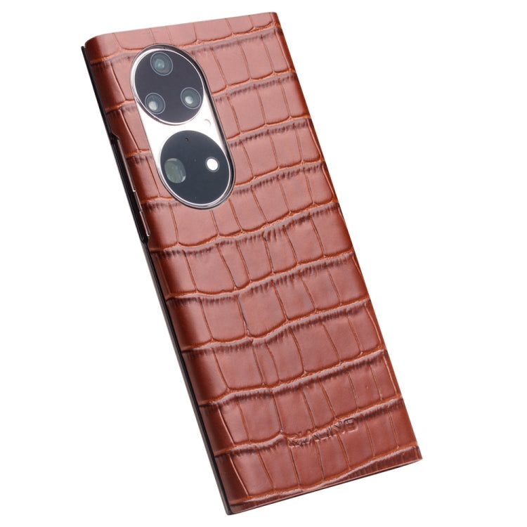 For Huawei P50 QIALINO Crocodile Pattern Side Window View Genuine Leather Phone Case(Brown) Eurekaonline