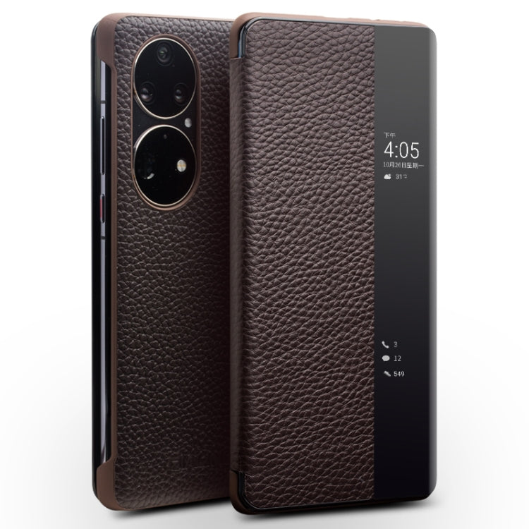 For Huawei P50 QIALINO Genuine Leather Side Window View Smart Phone Case(Brown) Eurekaonline