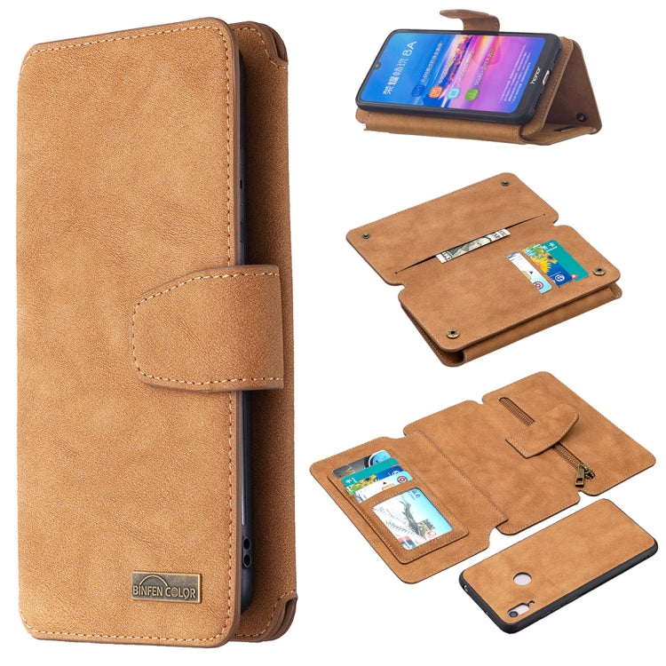 For Huawei Y6 (2019) Detachable Frosted Magnetic Horizontal Flip Leather Case with Card Slots & Holder & Zipper Wallet & Photo Frame(Brown) Eurekaonline