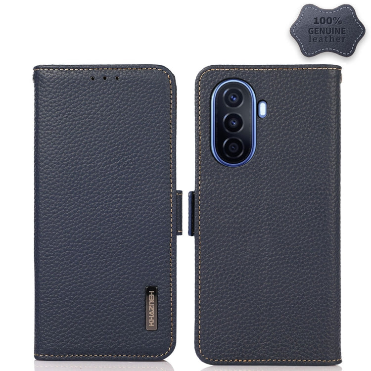 For Huawei nova Y70 Plus KHAZNEH Side-Magnetic Litchi Genuine Leather RFID Phone Case(Blue) Eurekaonline