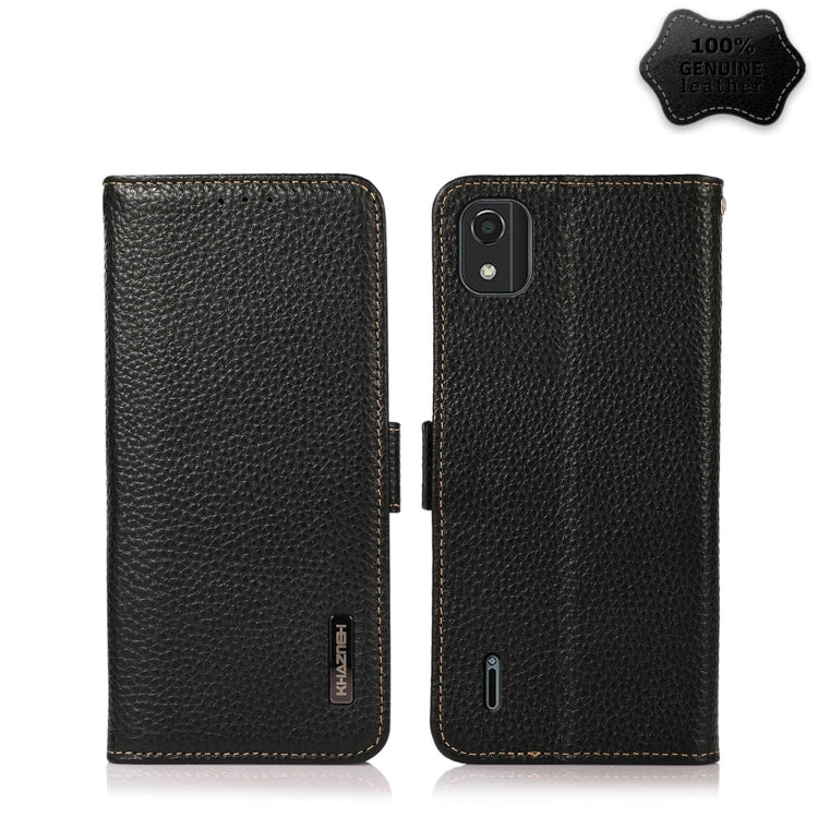 For Nokia C2 2nd Edition KHAZNEH Side-Magnetic Litchi Genuine Leather RFID Phone Case(Black) Eurekaonline