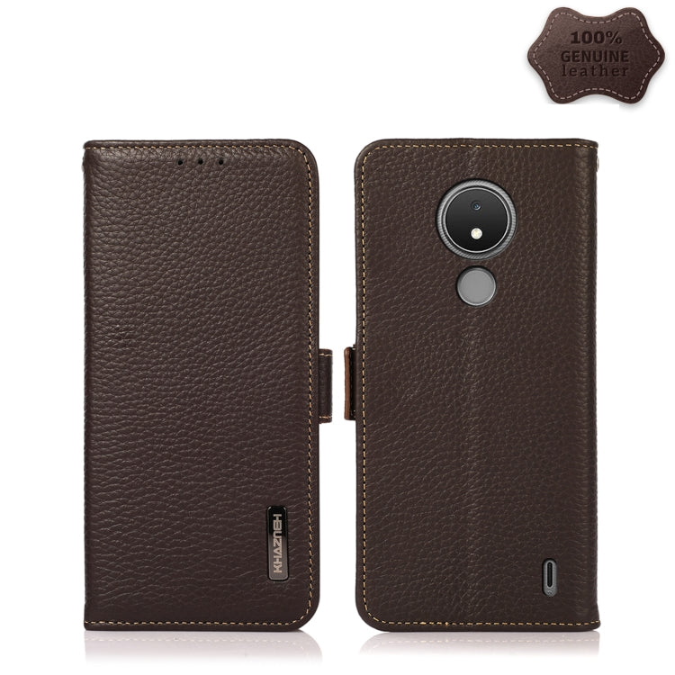 For Nokia C21 KHAZNEH Side-Magnetic Litchi Genuine Leather RFID Phone Case(Brown) Eurekaonline