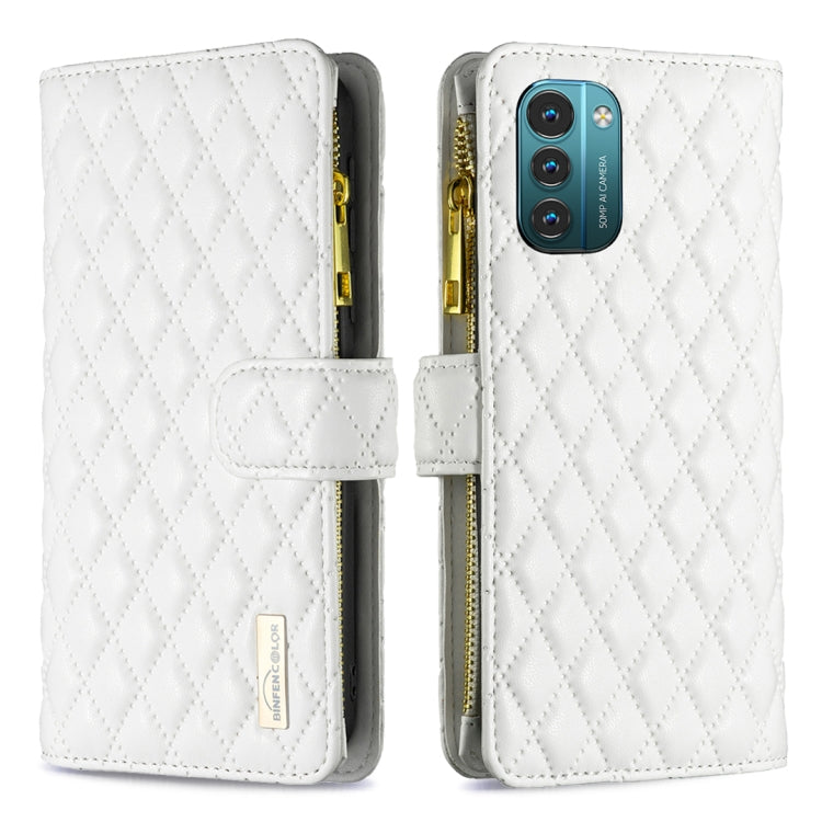 For Nokia G11 / G21 Diamond Lattice Zipper Wallet Leather Flip Phone Case(White) Eurekaonline