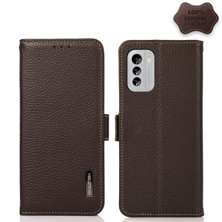 For Nokia G60 5G KHAZNEH Side-Magnetic Litchi Genuine Leather RFID Phone Case(Brown) Eurekaonline