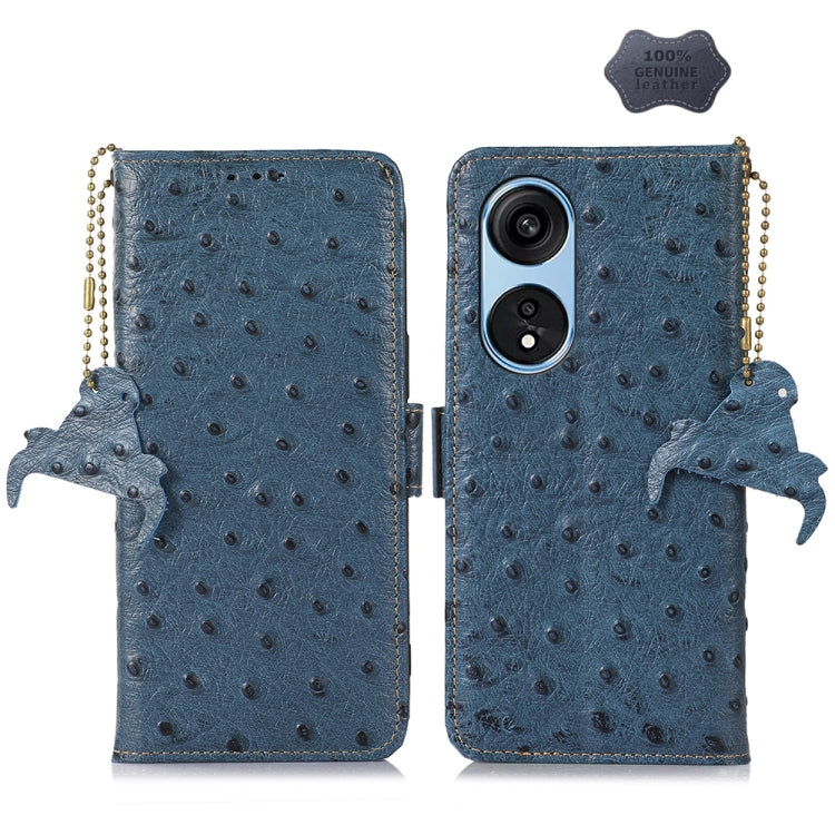 For OPPO A1 Pro 5G Ostrich Pattern Genuine Leather RFID Phone Case(Blue) Eurekaonline