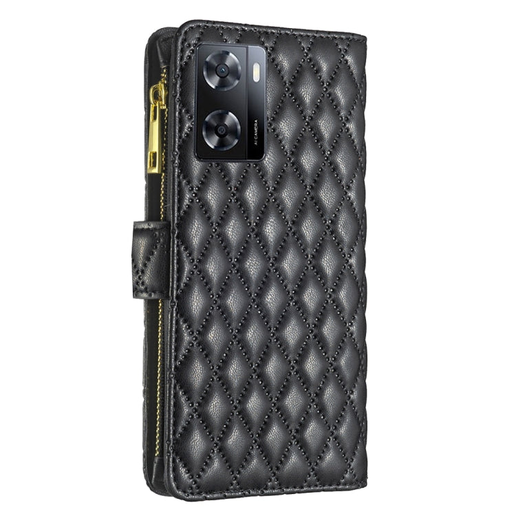 For OPPO A57 4G Diamond Lattice Zipper Wallet Leather Flip Phone Case(Black) Eurekaonline