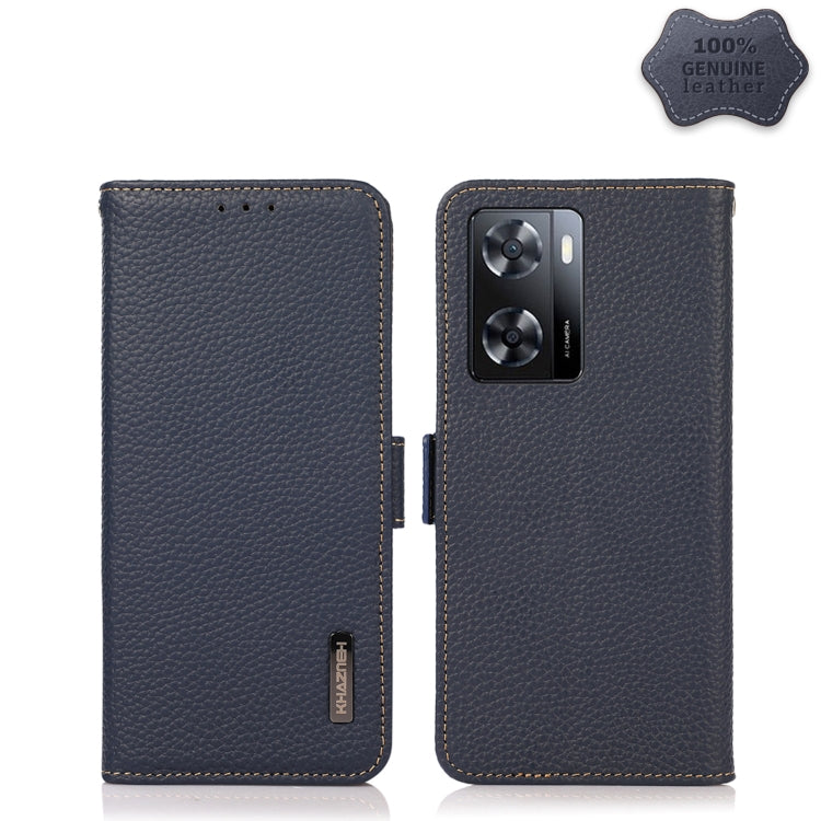 For OPPO A77 4G JP Version/A57 4G KHAZNEH Side-Magnetic Litchi Genuine Leather RFID Phone Case(Blue) Eurekaonline