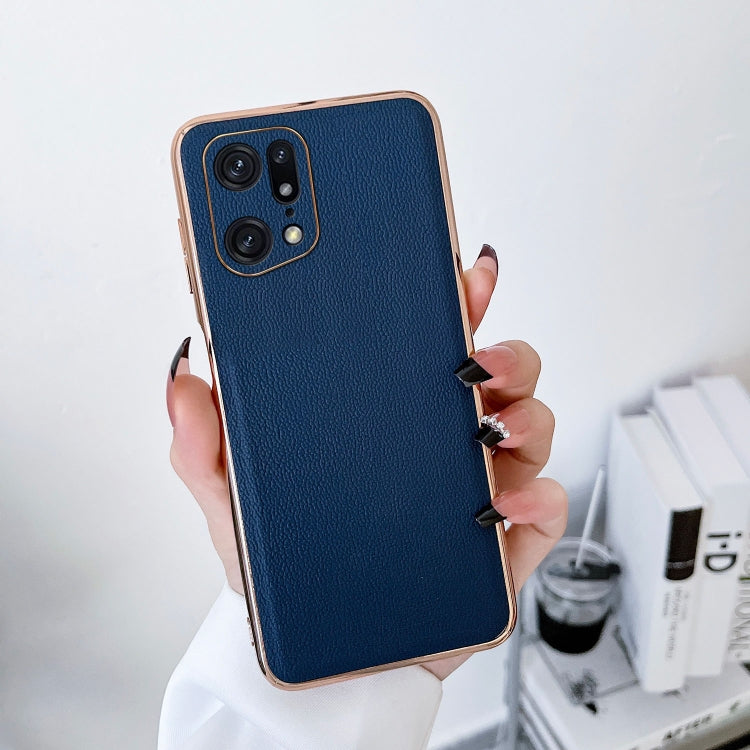 For OPPO Find X5 Pro Genuine Leather Luolai Series Nano Plating Phone Case(Dark Blue) Eurekaonline