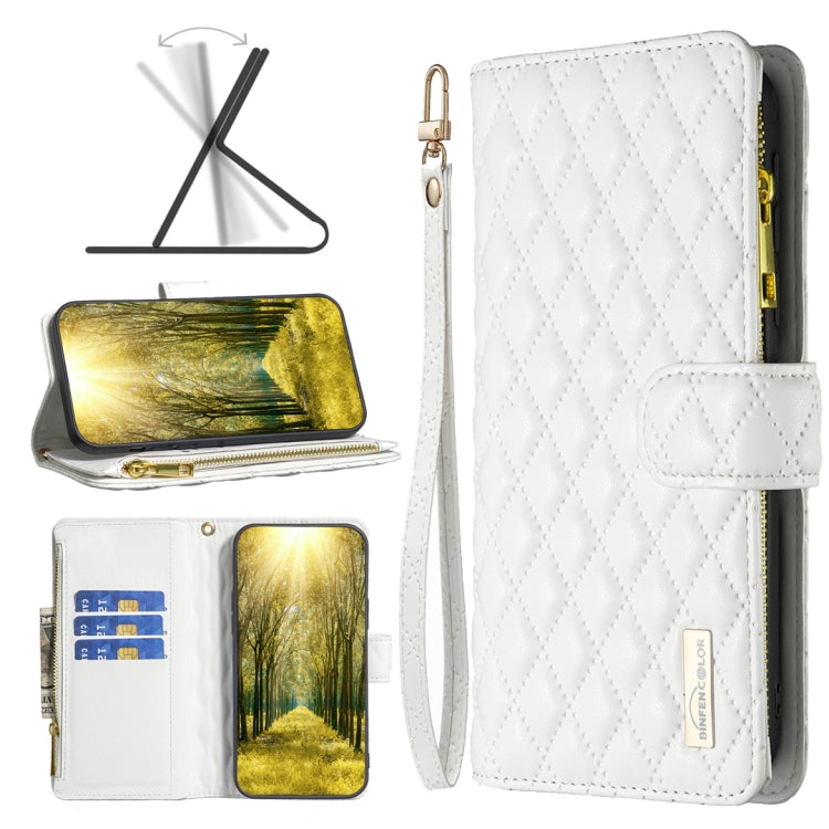 For OPPO Realme 9 Pro+ Diamond Lattice Zipper Wallet Leather Flip Phone Case(White) Eurekaonline