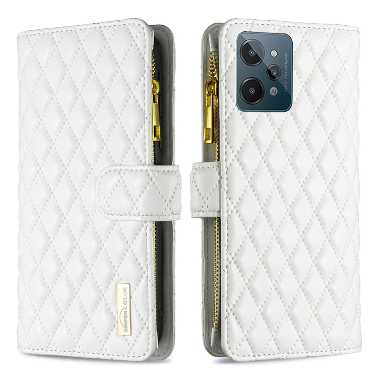 For OPPO Realme C31 Diamond Lattice Zipper Wallet Leather Flip Phone Case(White) Eurekaonline