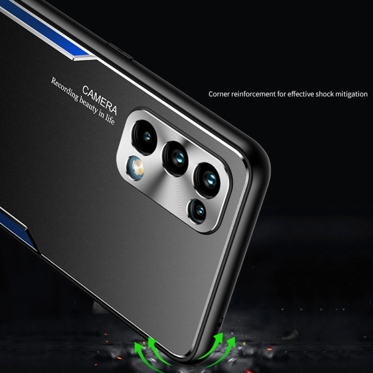 For OPPO Reno5 5G Blade Series TPU Frame + Titanium Alloy Sand Blasting Technology Backplane + Color Aluminum Alloy Decorative Edge Mobile Phone Protective Shell(Black + Silver) Eurekaonline