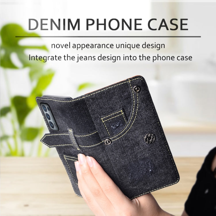 For OPPO Reno6 Pro 5G Denim Horizontal Flip Leather Case with Holder & Card Slot & Wallet(Black) Eurekaonline