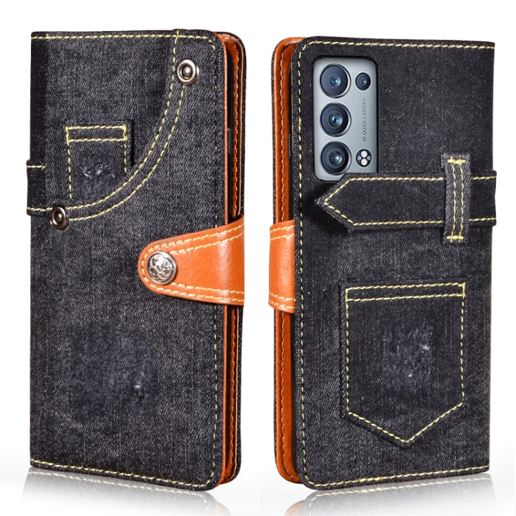 For OPPO Reno6 Pro 5G Denim Horizontal Flip Leather Case with Holder & Card Slot & Wallet(Black) Eurekaonline