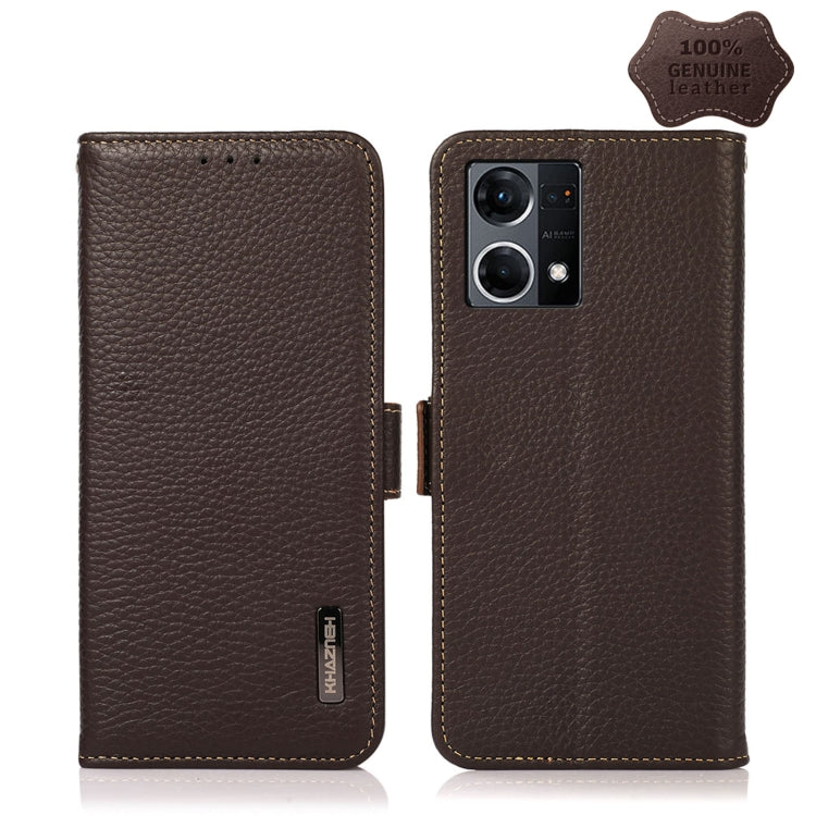 For OPPO Reno7 4G Global/F21 Pro 4G KHAZNEH Side-Magnetic Litchi Genuine Leather RFID Phone Case(Brown) Eurekaonline