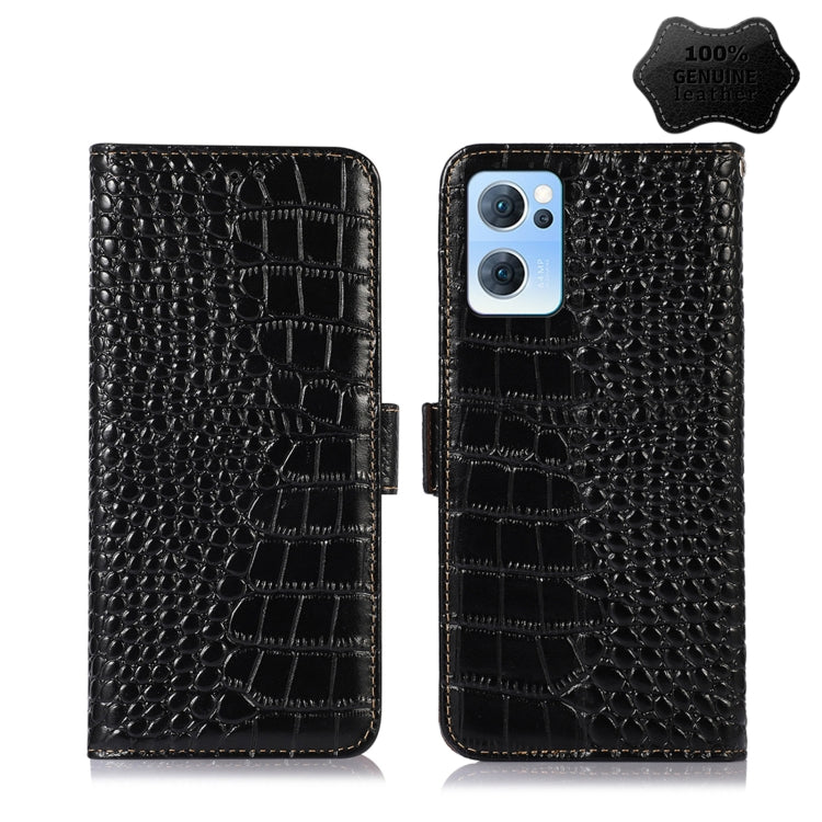 For OPPO Reno7 5G CN Version Crocodile Top Layer Cowhide Leather Phone Case(Black) Eurekaonline