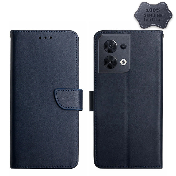 For OPPO Reno8 5G HT02 Genuine Leather Fingerprint-proof Flip Phone Case(Blue) Eurekaonline
