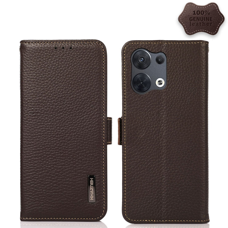 For OPPO Reno8 5G KHAZNEH Side-Magnetic Litchi Genuine Leather RFID Phone Case(Brown) Eurekaonline