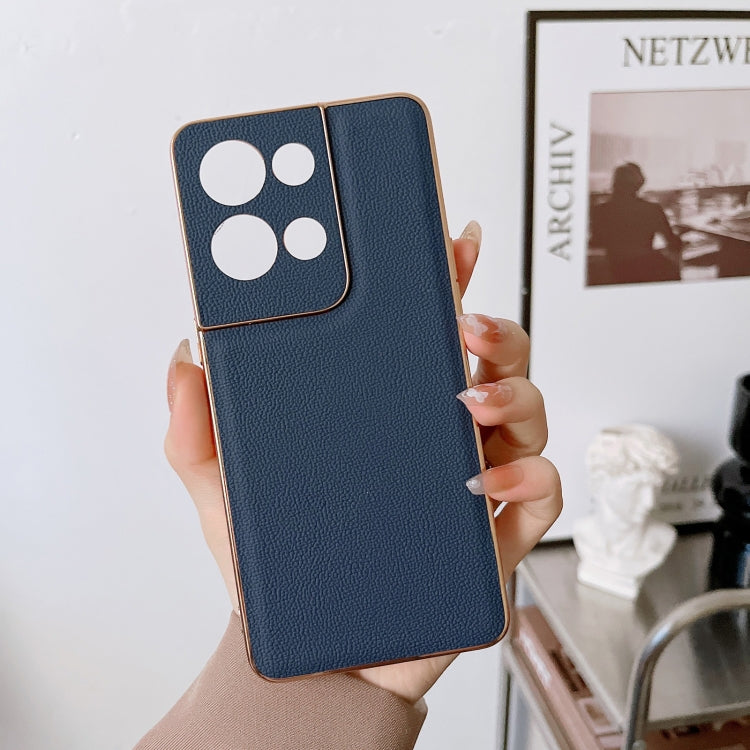 For OPPO Reno8 Genuine Leather Luolai Series Nano Plating Phone Case(Dark Blue) Eurekaonline