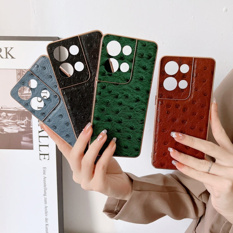 For OPPO Reno8 Genuine Leather Ostrich Texture Nano Plating Phone Case(Coffee) Eurekaonline